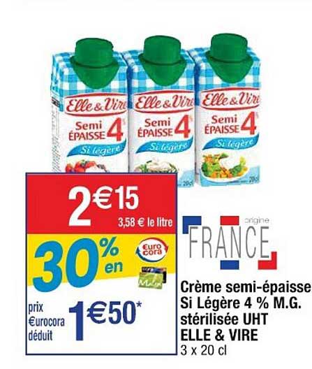 crème semi-épaisse si légère 4% m.g. stérilisée uht elle & vire