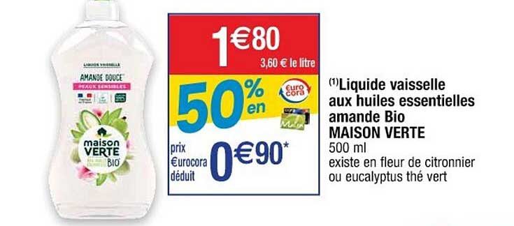 liquide vaisselle aux huile essentielles amande bio maison verte