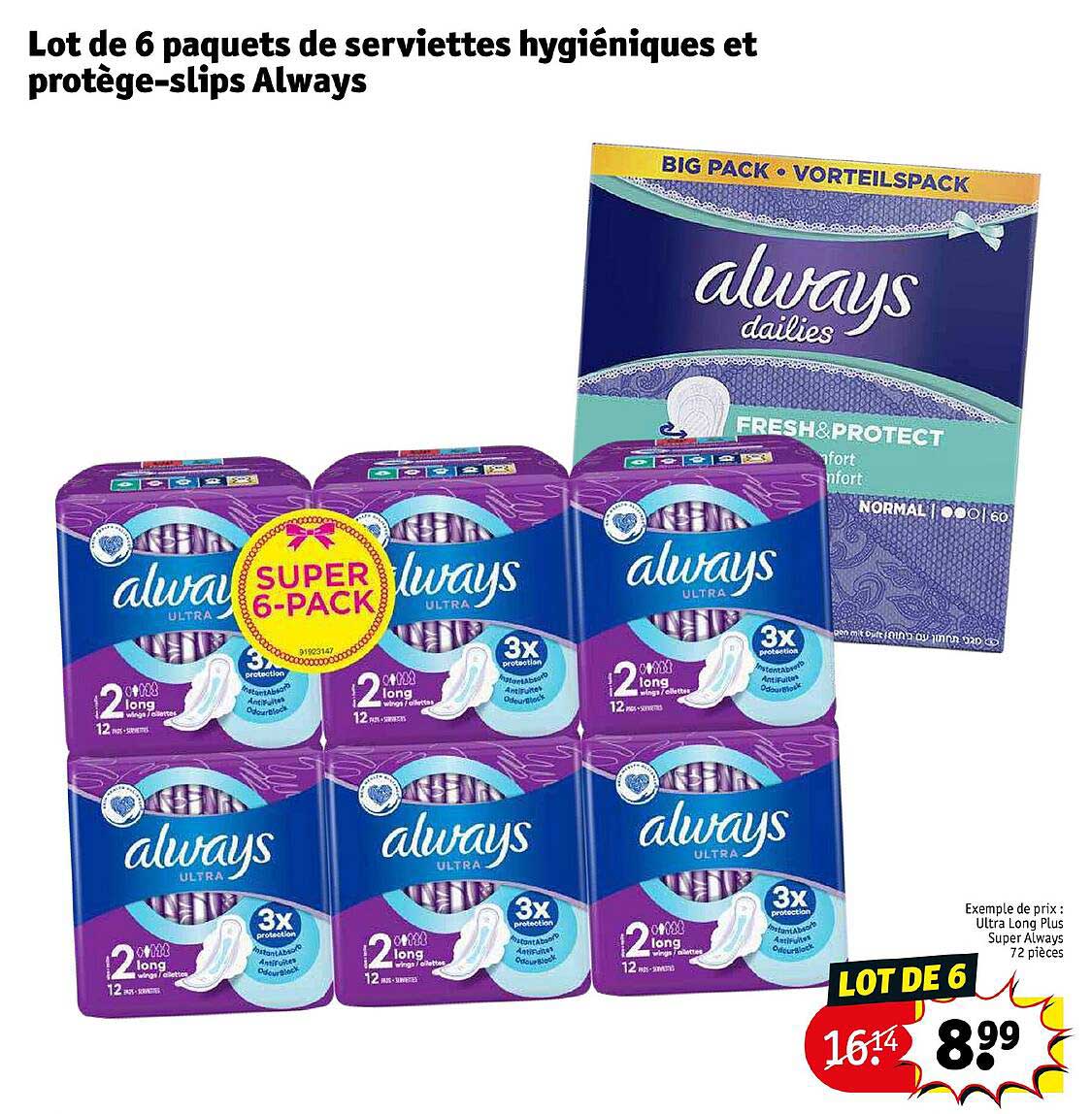 lot de 6 paquets de serviettes hygiéniques et protège-slips always