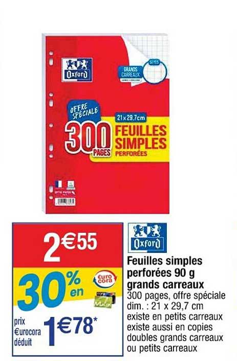 oxford feuilles simples perforées 90 g grands carreaux