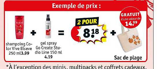 shampoing color vive elseve 250ml, gel spray go create studio line 150ml, sac de plage