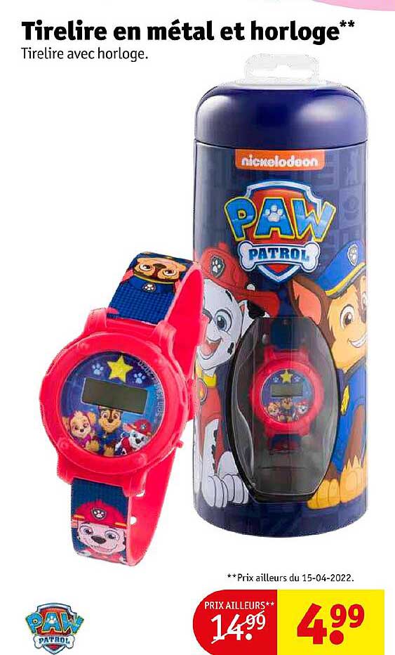 tirelire en métal et horloge paw patrol