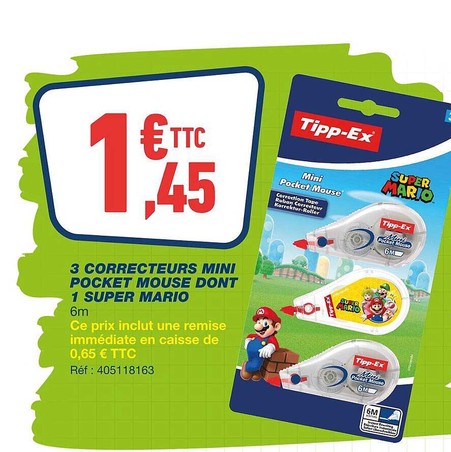 3 correcteurs mini pocket mouse dont 1 super mario tipp-ex