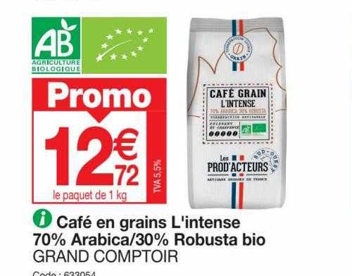 café en grains l'intense 70% arabica/30% robusta bio grand comptoir