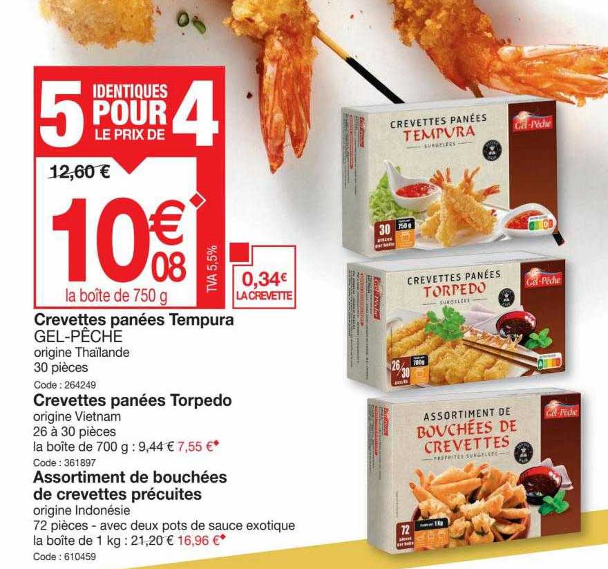 crevettes panées tempura gel-pêche, crevettes panées torpedo, assortiment de bouchées de crevettes précuites