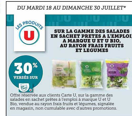 la gamme des salades en sachet prêtes à l'emploi à marque u et u bio, au rayon frais fruits et légumes