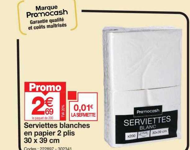 serviettes blanches en papier 2 plis 30 x 39 cm