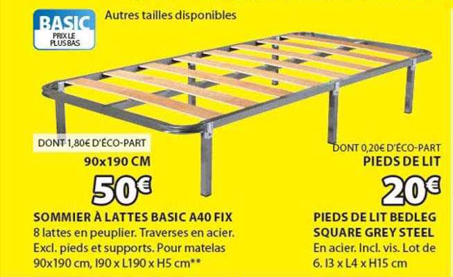 sommier à lattes basic A40 fix, pieds de lit bedleg square grey steel