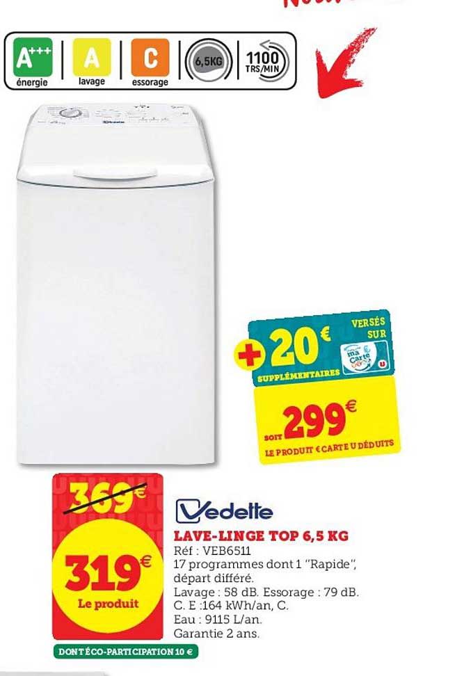 lave linge top 6.5 kg vedette