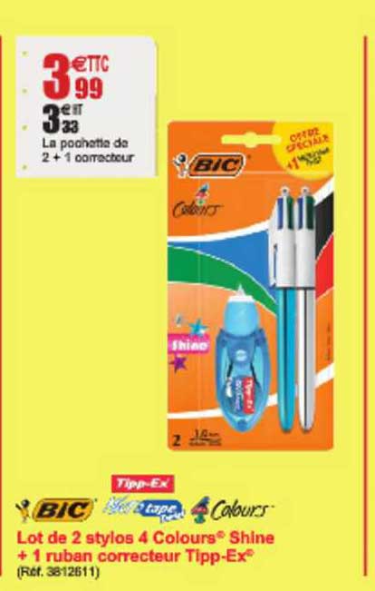 Lot De 2 Stylos 4 Couleurs Shine + 1 Ruban Correcteur Tipp Ex Bic