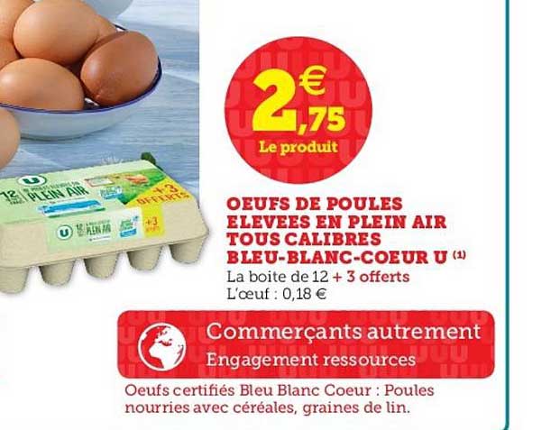 oeufs de poules élevées en plein air tous calibrés bleu blanc coeur u