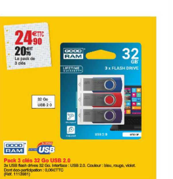 pack de 3 clés 32 go usb 2.0 good ram
