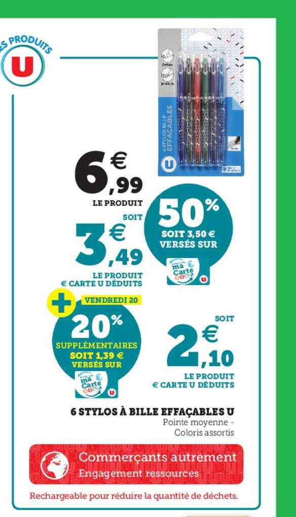 6 Stylos à Bille Effaçables U