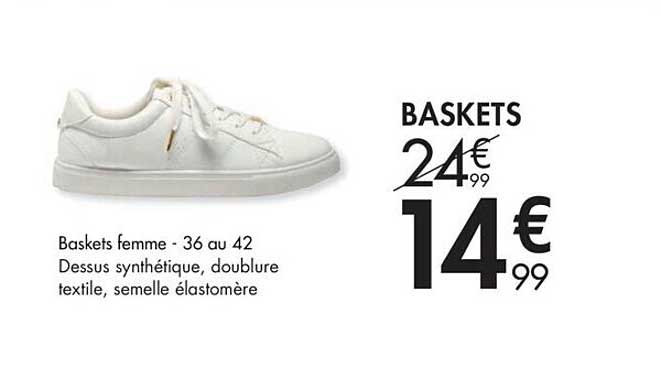 baskets femme 36 au 42 dessus synthétique doublure textile semelle élastomère