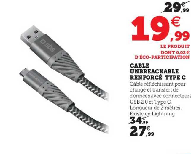 câble unbreackable renforcé type c