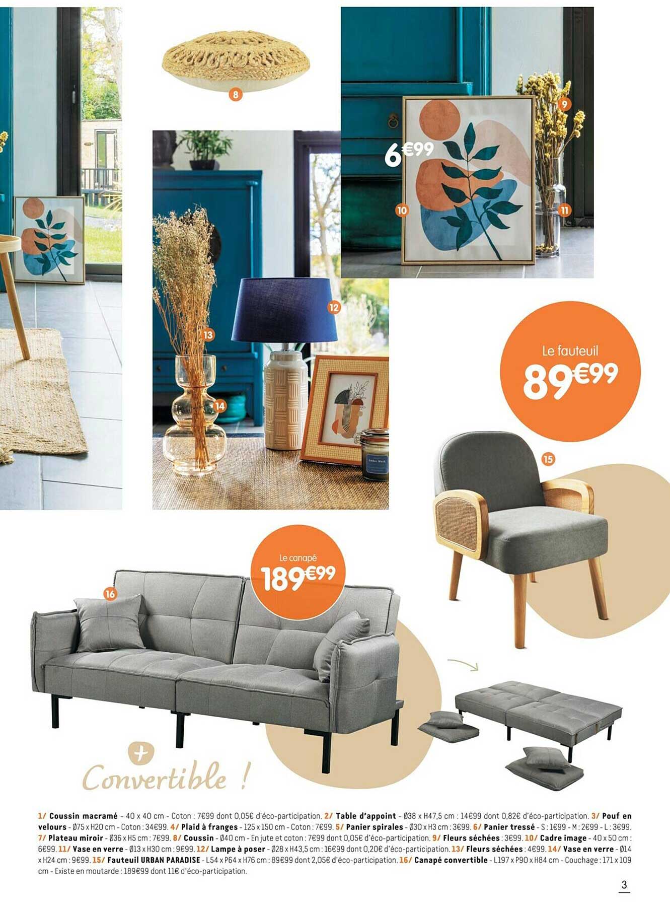 coussin marcramé, table d'appoint, pouf en velours, plaid à franges, paniers spirales, panier tressé, plateau miroir, coussin, fleurs séchées, cadre image, vase en verre, lampe à poser,