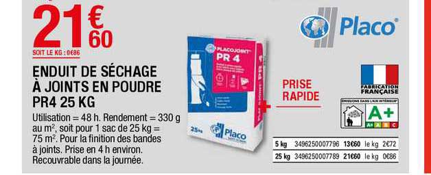 enduit de séchage à joints en poudre pr4 25 kg placo