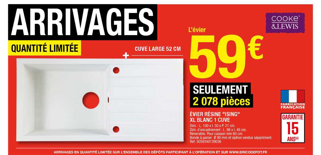 évier résine "ising" xl blanc 1 cuve cooke&lewis