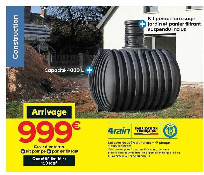 lot cuve récupérateur d'eau + kit pompe + panier filtrant 4rain