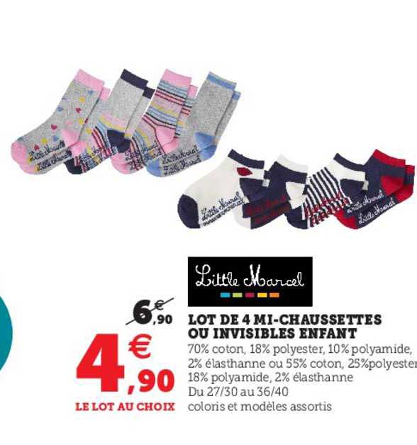 lot de 4 mi-chaussettes ou invisibles enfant little marcel