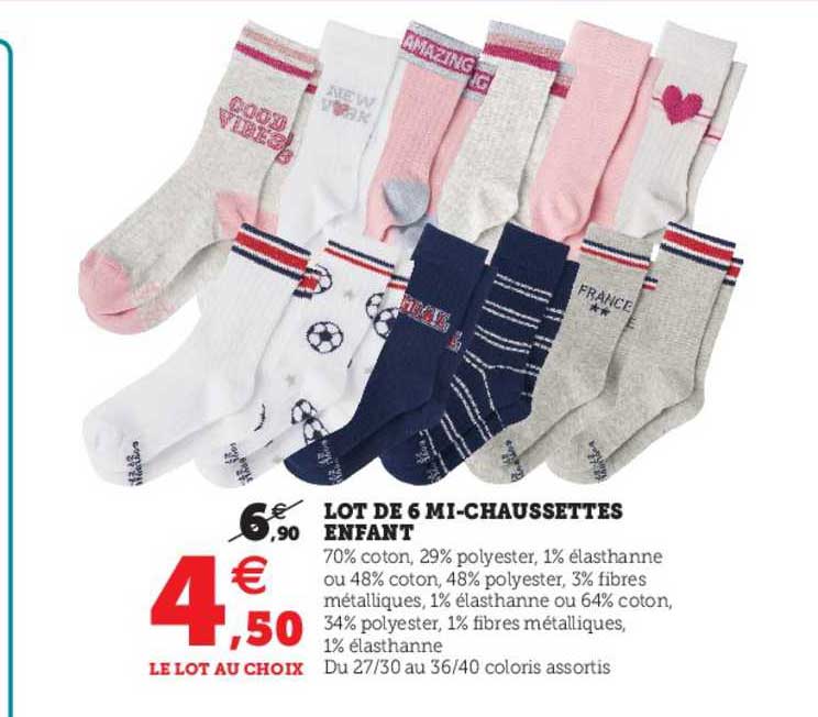 lot de 6 mi-chaussettes enfant