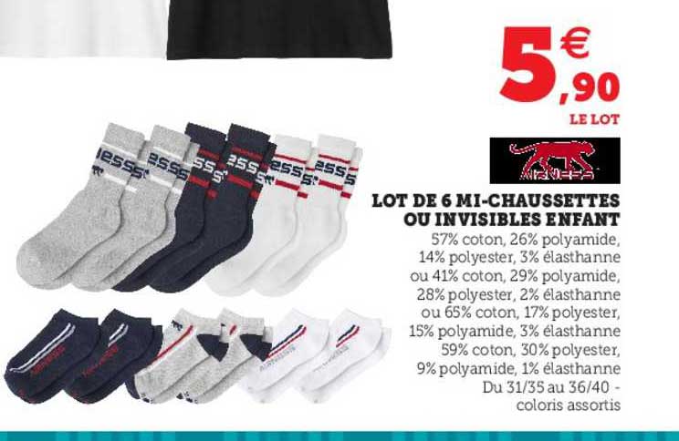 lot de 6 mi-chaussettes ou invisibles enfant airness