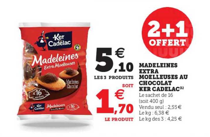 madeleines extra moelleuses au chocolat ker cadelac 2+1 offert