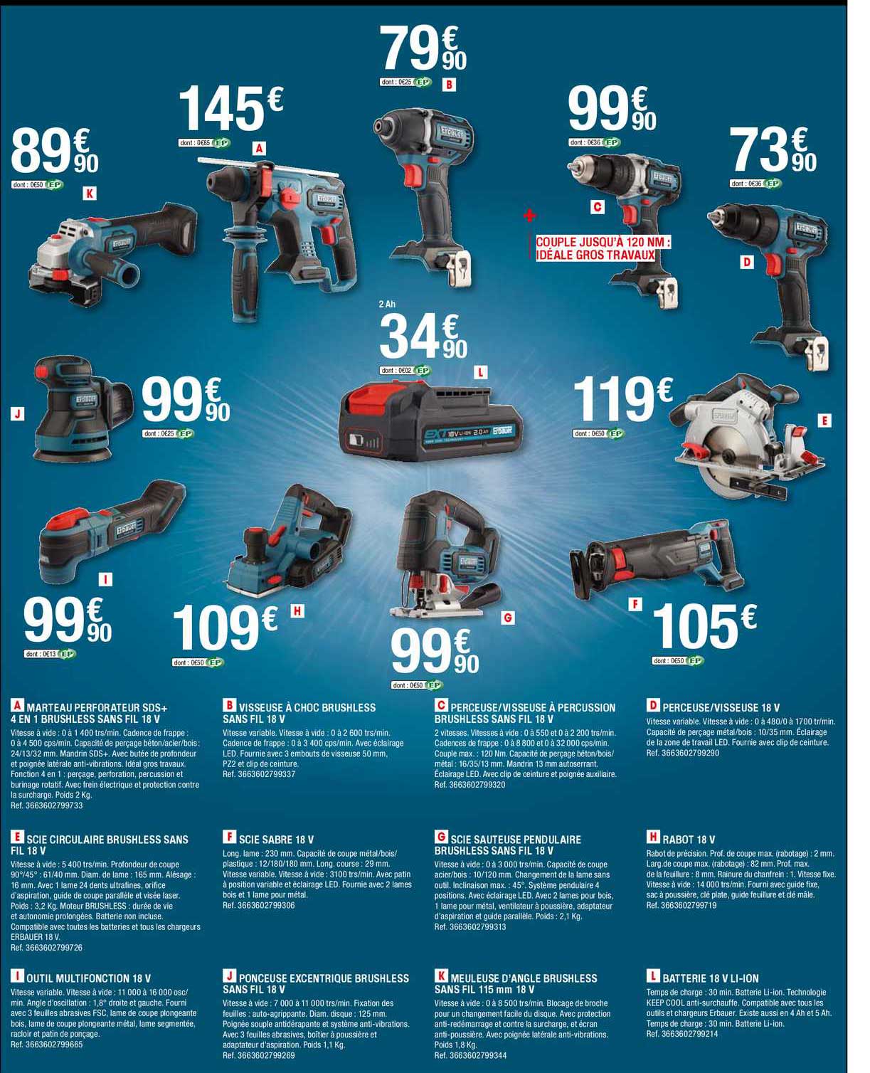 marteau perforateur, visseuse à choc, perceuse-visseuse à percussion, scie circulaire, scie sabre, scie sauteuse pendulaire, rabot, outil multifontion, ponceuse excentrique, meuleuse d'angle