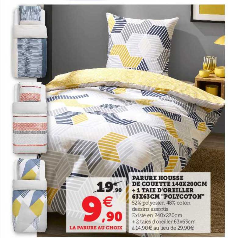 parure housse de couette 140 x 200 cm + 1 taie d'oreiller 63 x 63 cm "polycoton"