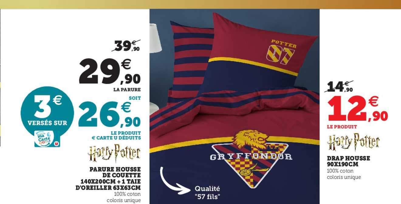 parure housse de couette 140 x 200 cm + 1 taie d'oreiller 63 x 63 cm, drap housse 90 x 190 cm harry potter