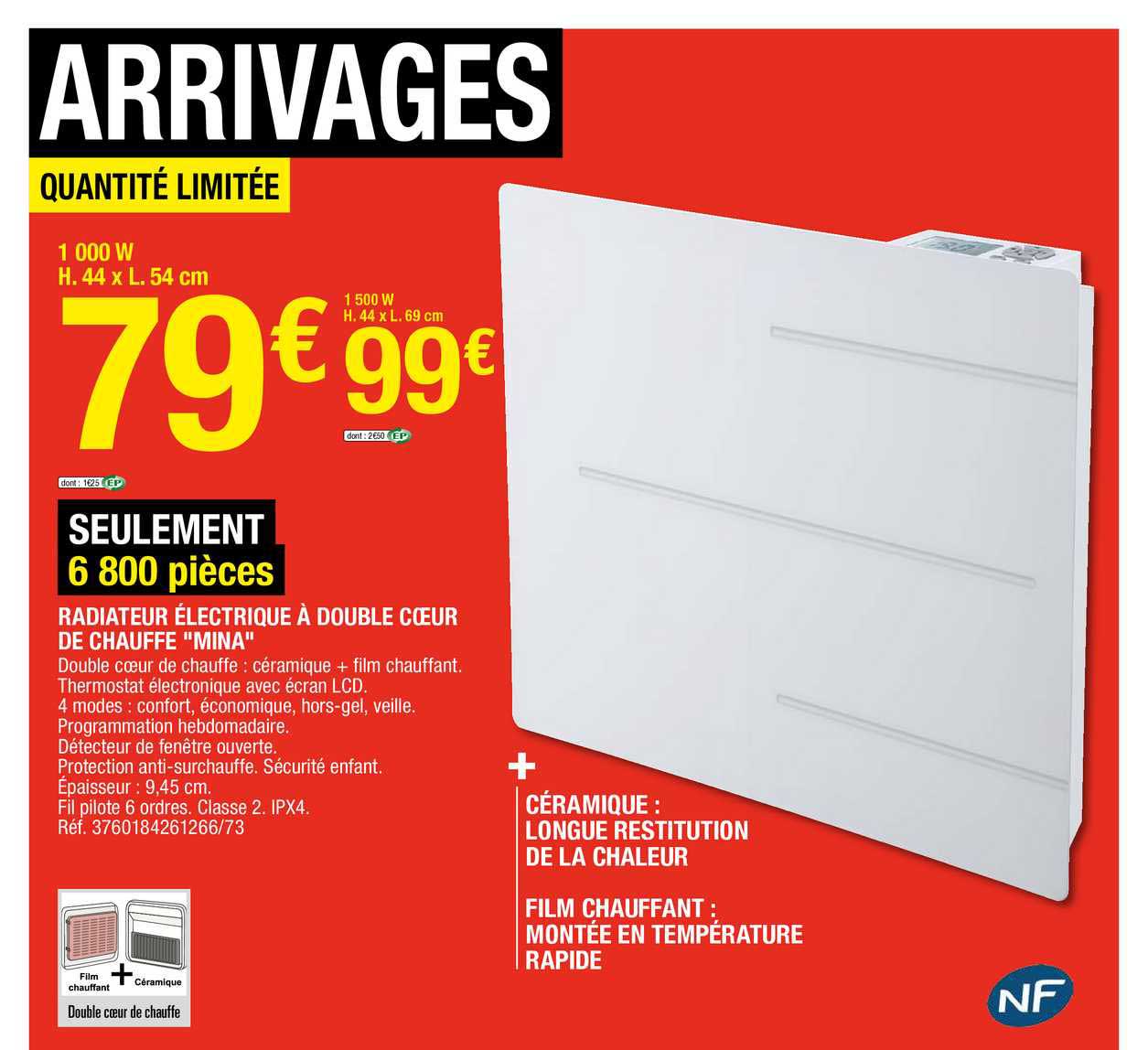 radiateur électrique à double cœur de chauffe "mina"