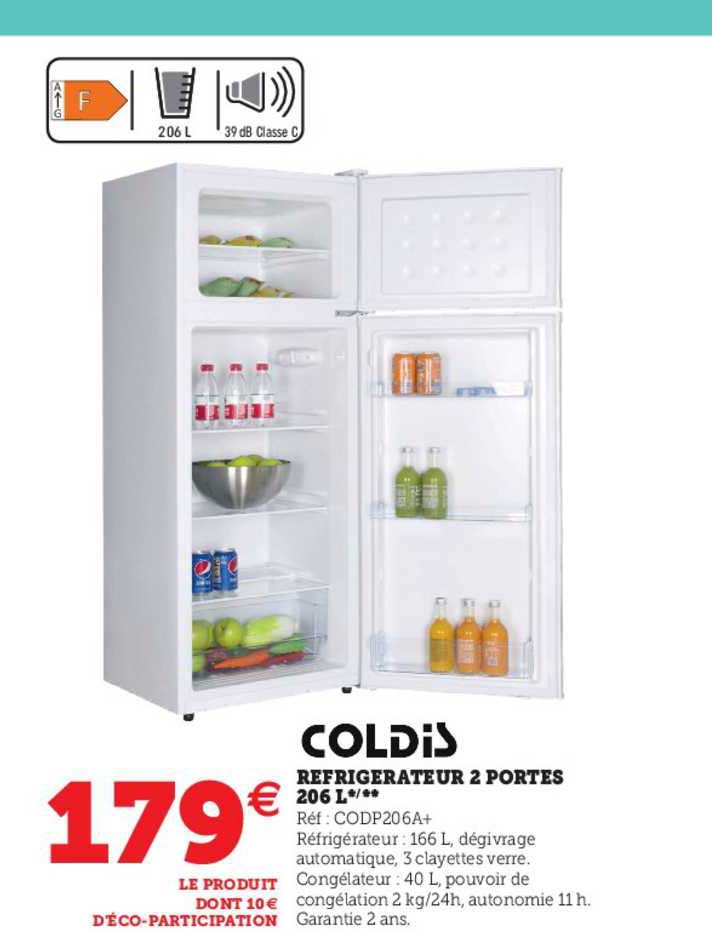 réfrigérateur 2 portes  206 l coldis