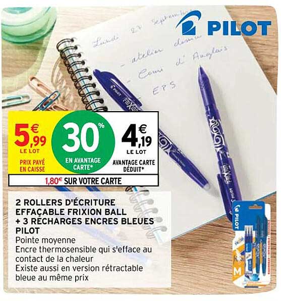 2 rollers d'écriture effaçble frixion ball +3 recharges encres bleues pilot