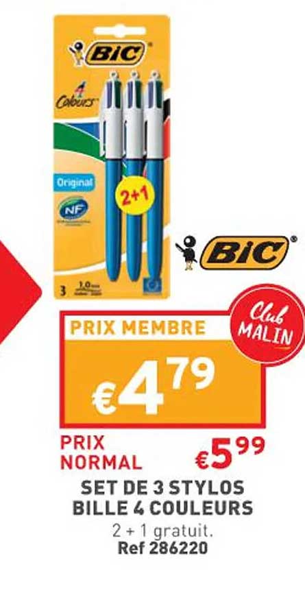 3 Stylos Bille 4 Couleurs Bic
