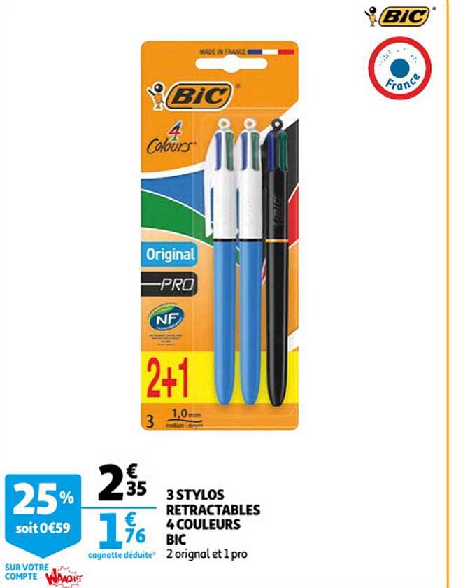 3 Stylos Retractables 4 Couleurs Bic