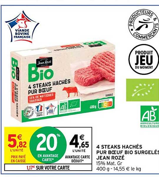 4 steaks hachés pur boeuf bio surgelés jean rozé