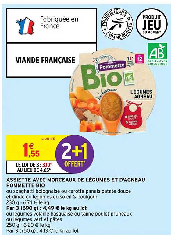 assiette avec morceaux de légumes et d'agneau pommette bio