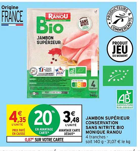Jambon Supérieur Conservation Sans Nitrite Bio Maonique Ranou