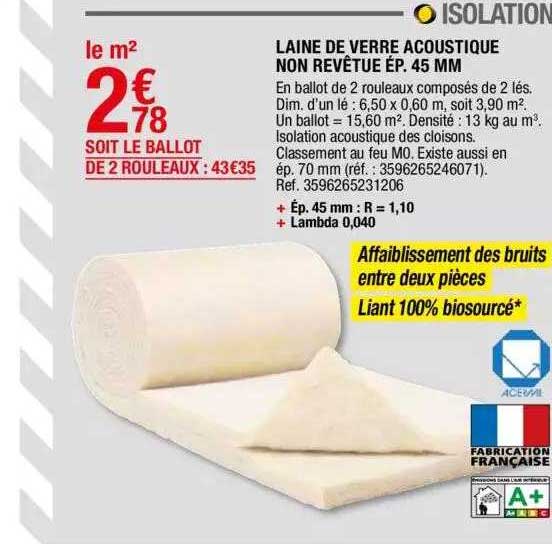 laine de verre acoustique non revêtue
