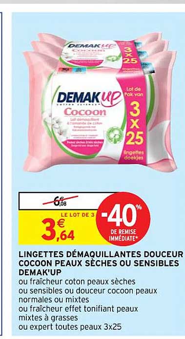 lingettes démaquillantes douceur coccon peaux sèches ou snsibles demak'up