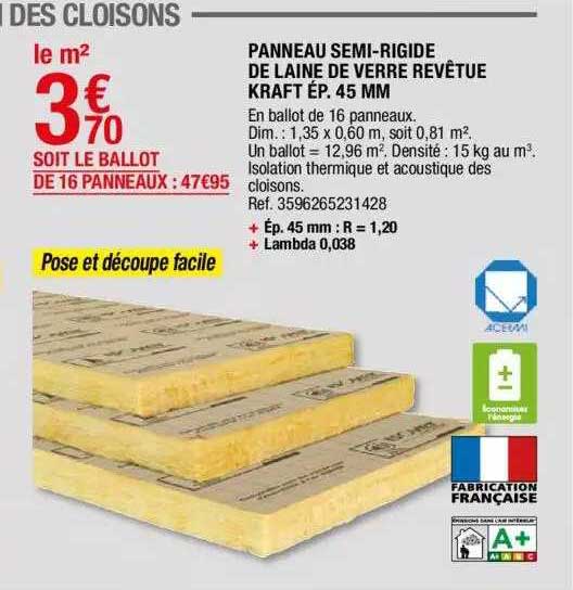 panneau semi-rigide de laine de verre revêtue kraft