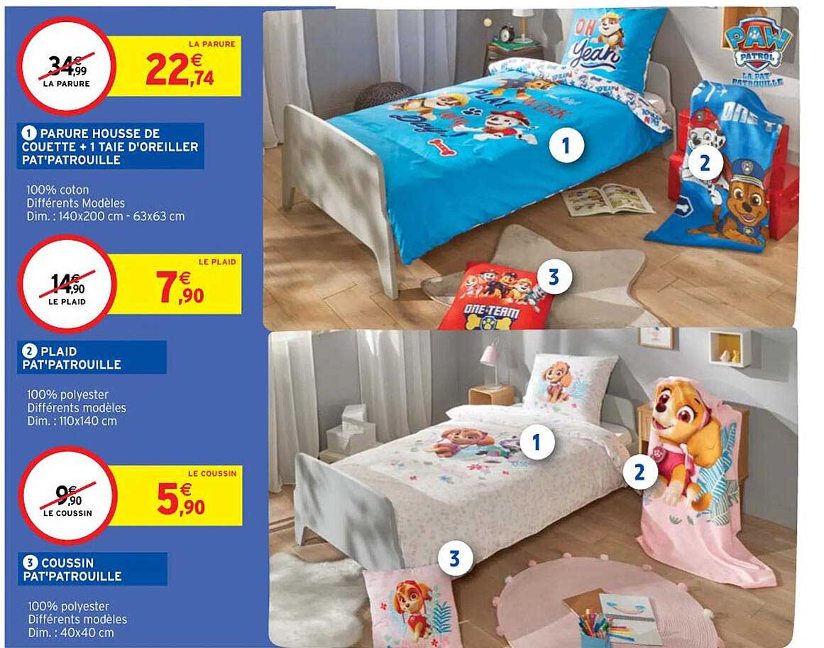 parure housse de cuette + 1 taie d'oreiller pat'patrouille, plaid pat'patrouille, coussin pat'patrouille