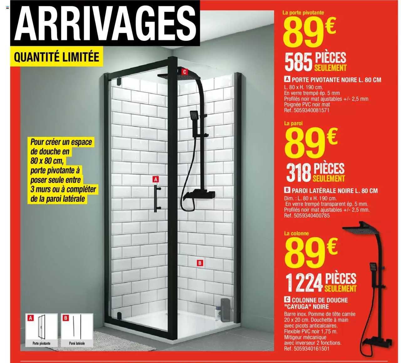 porte pivotante noire l.80cm, paroi latérale noire l.80cm, colonne de douche "cayuga" noire