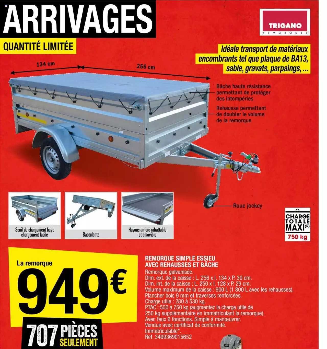 Remorque Simple Essiue Avec Réhausses Et Bâche