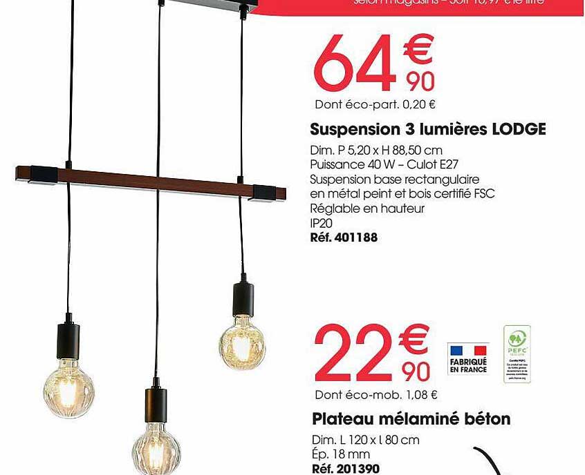 suspension 3 lumières lodge, plateau mélaminé béton