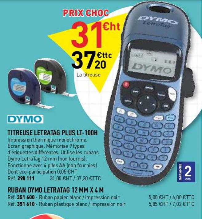 Titreuse Lettratag Plus Lt-100h, Ruban Dymo Letretag 12mm X 4m