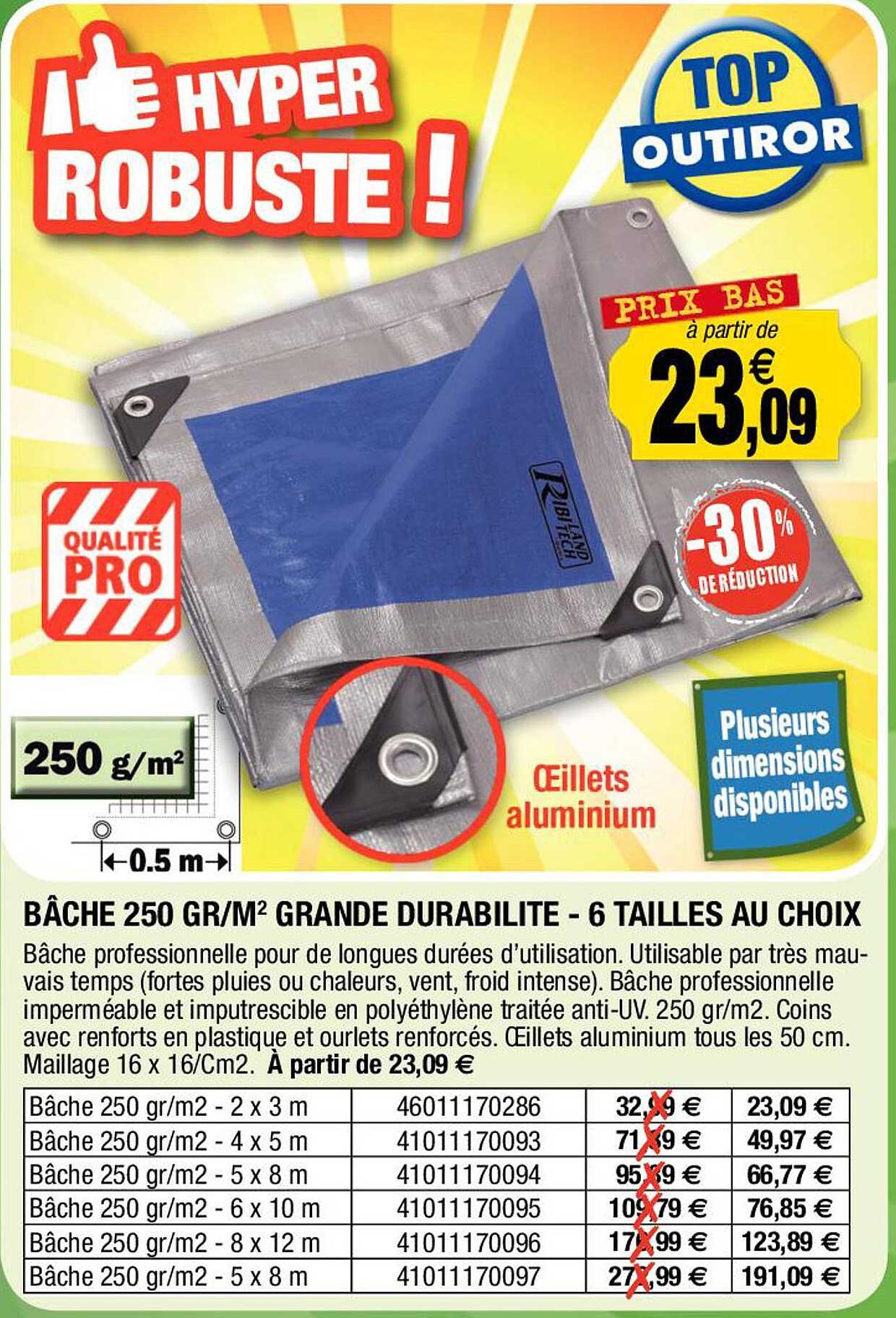 bâche 250 gr/m² grande durabilité - 6 tailles au choix