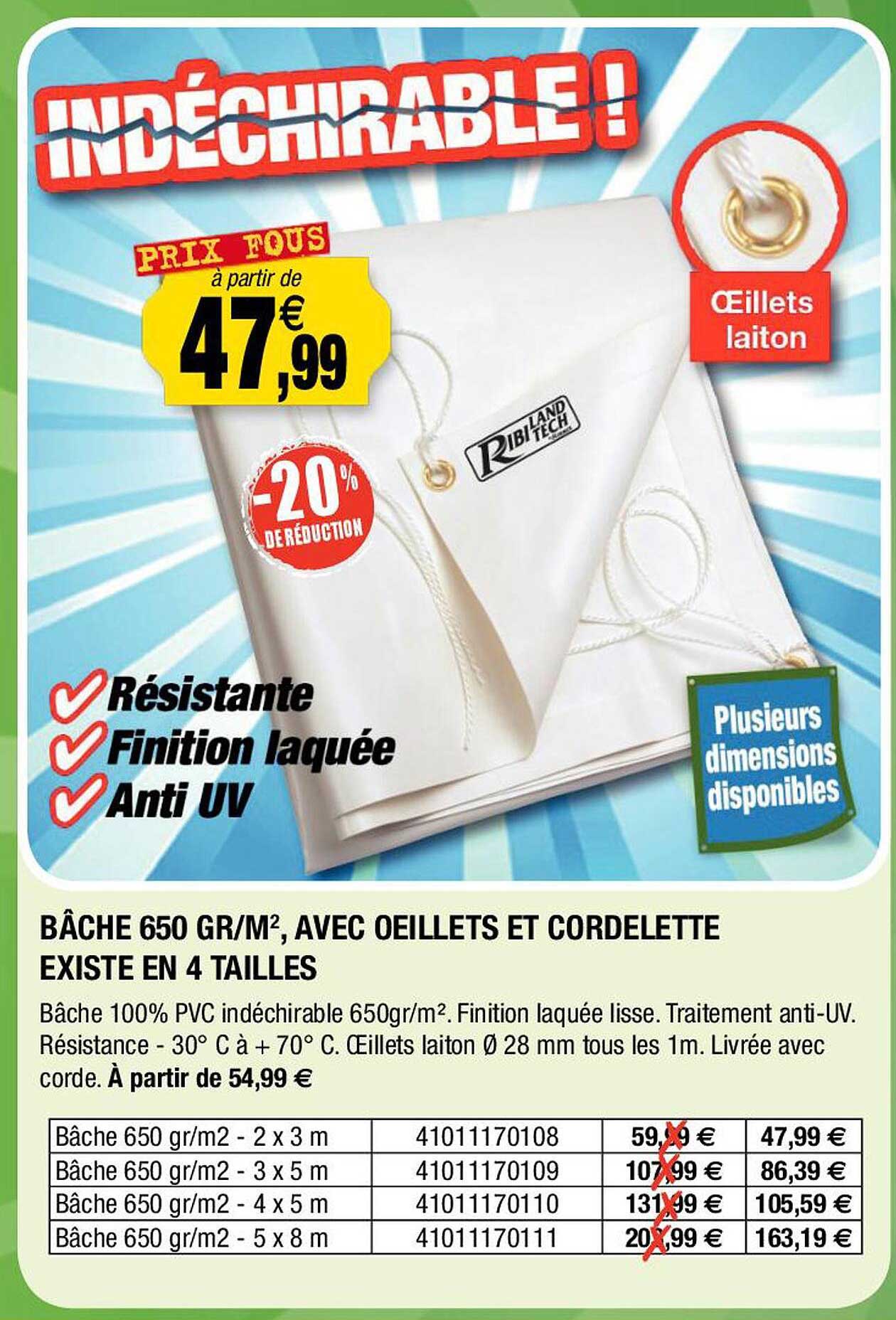 bâche 650 gr/m², avec œillets et cordelette existe en 4 tailles