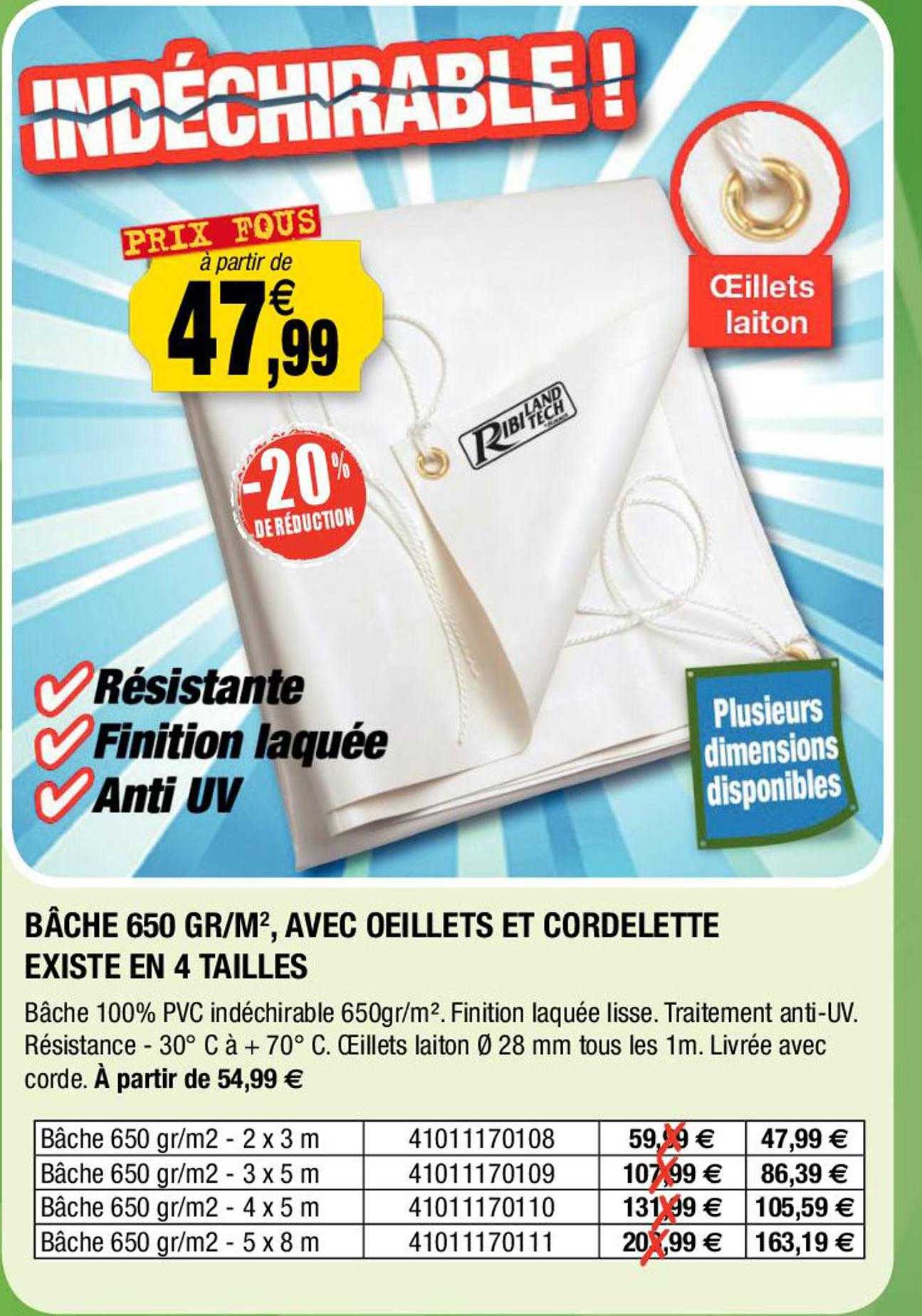 bâche 650 gr/m², avec œillets et cordelette existe en 4 tailles