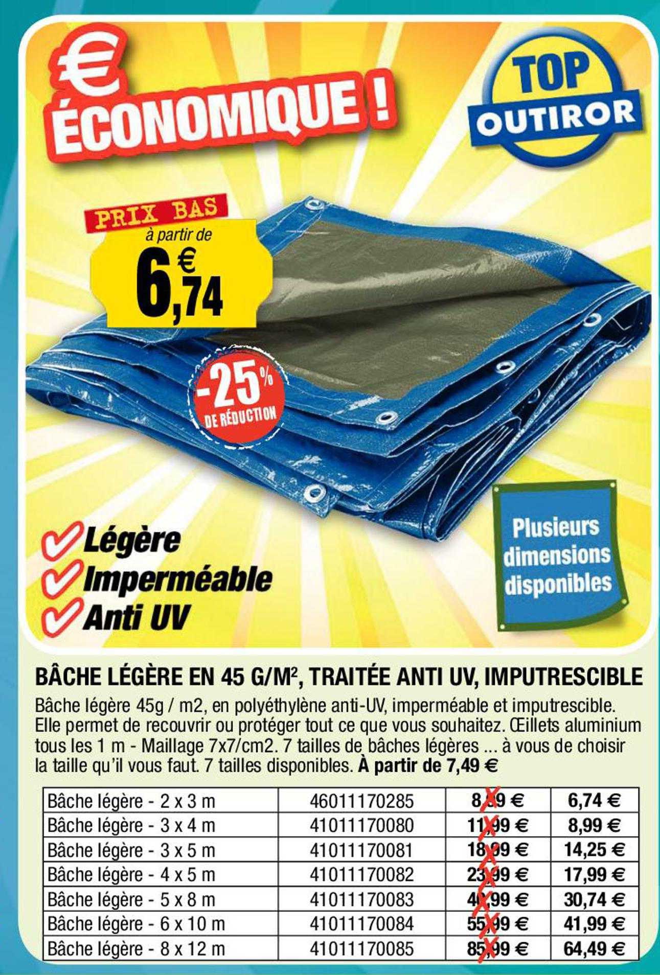 bâche légère en 45 g/m², traité anti uv, imputrescible